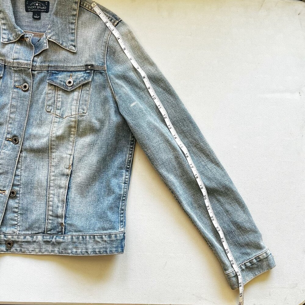 Patchwork Boho Vtg Inspired Lucky Brand Statement Denim Jacket 70s  Reworked L - Picture 13 of 14